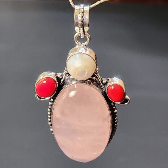 Rose Quartz & Pearl Sterling Silver Pendant Necklace with Red Jasper - Picture 2 of 12